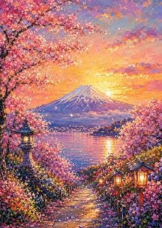 桜舞う富士山と黄金の夕陽 運気上昇 幸福招来 アート 油絵風 L版縦 約89mm×127mm
