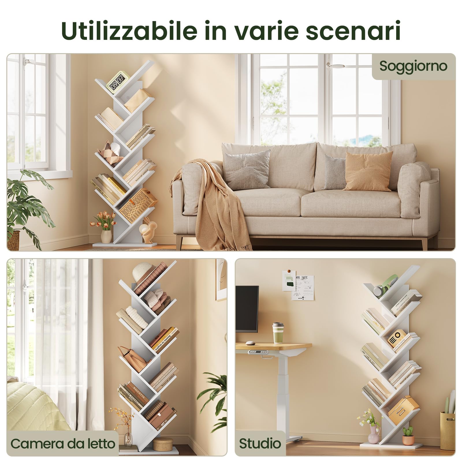 EUGAD Libreria ad Albero Moderna Scaffale Salvaspazio a 9 Ripiani in Legno Porta Libri per Soggiorno Camera Studio Bianco, 40x20x127cm