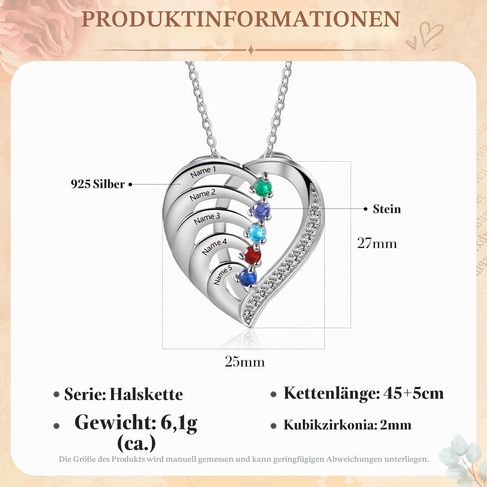 Personalisierte Namenskette Silber 925 Halskette Damen Herz Anhänger mit Namen Gravur Mutter Tochter Kette Geschenk für Muttertag Valentinstag Weihnachten