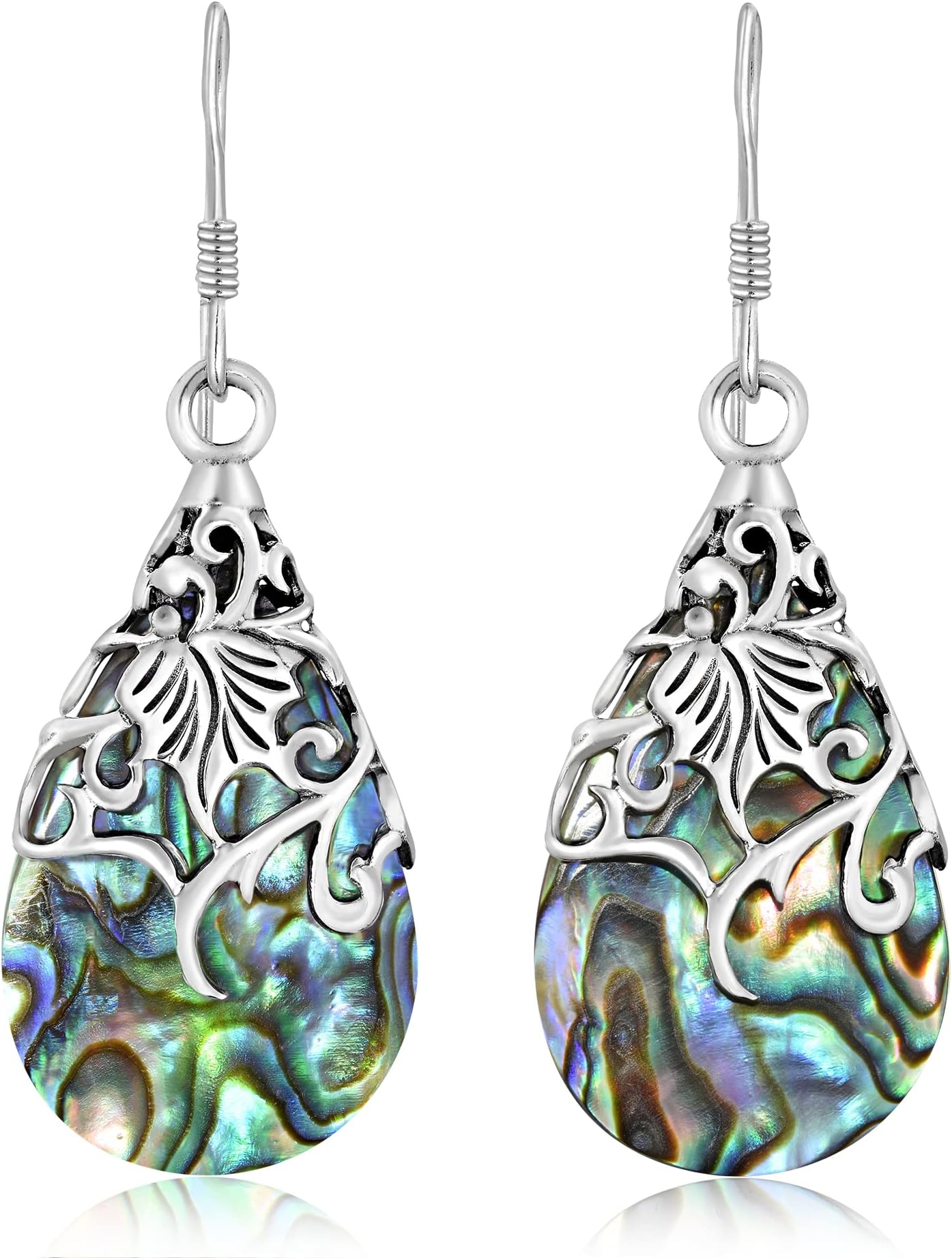 Floral Vine Ornate Teardrop Abalone Shell .925 Sterling Silver Earrings | Abalone Earrings