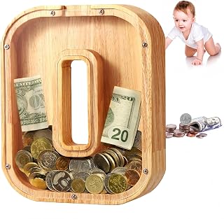 UBeesize Large Piggy Banks Twenty-Six English Alphabet Letter for Boys Girls, Wooden Personalized Bills and Coins Bank Money Box,DIY Name Birthday Gift,Bedroom Living Room Decoration(O)