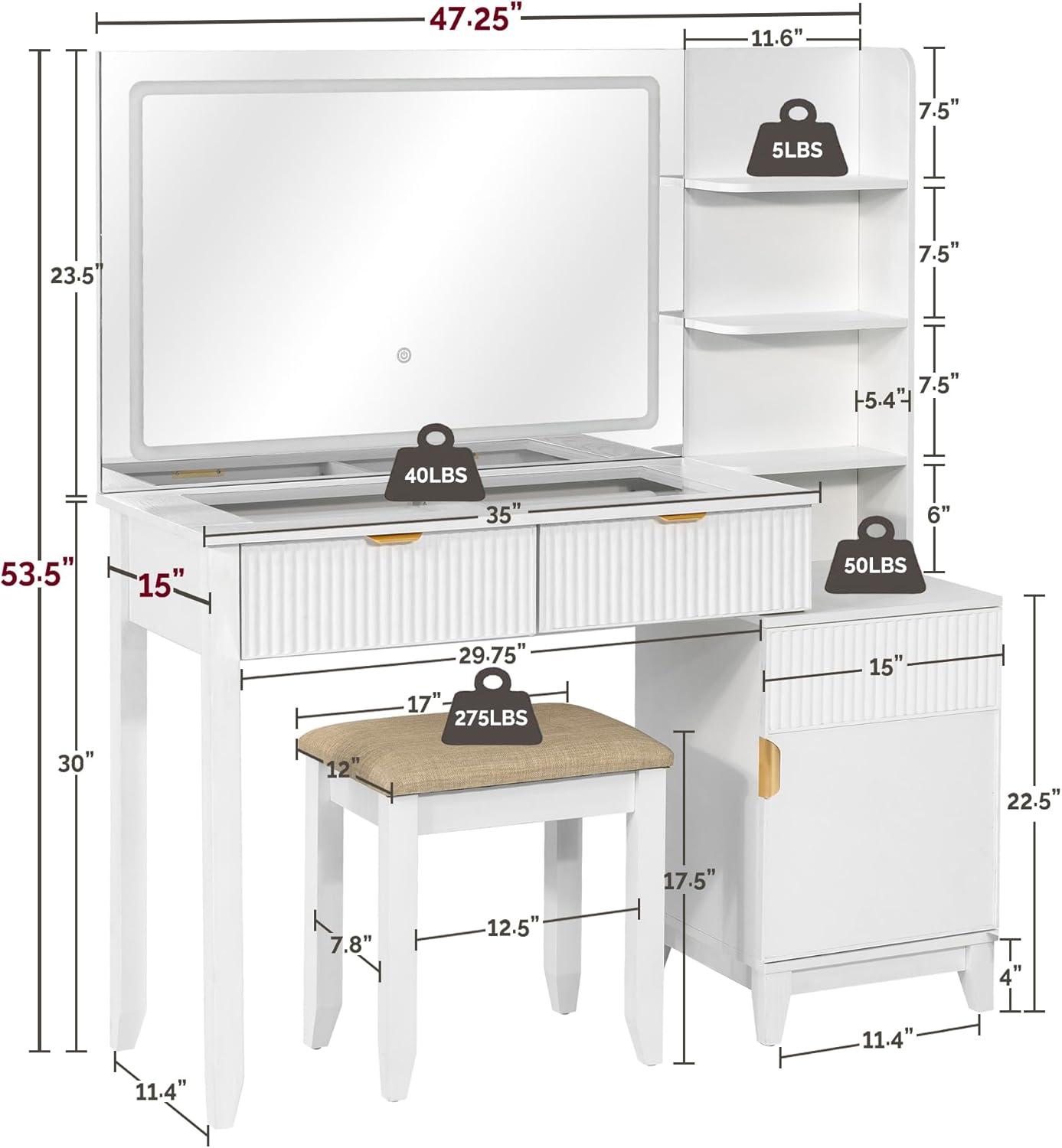 Vanity Desk with Stool, Mirror and Lights 3 Color, Makeup Vanity with Power Outlet, Dressing Table with Drawers, Storage Shelves, Adjustable Brightness, White