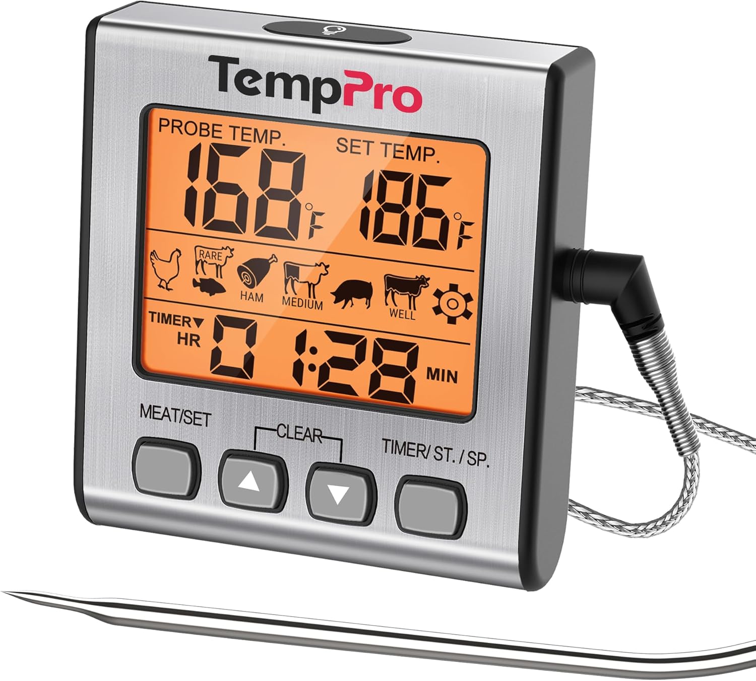 TempPro Digital Meat Thermometer for Cooking and Grilling, BBQ Food Thermometer with Backlight and Kitchen Timer, Grill Temperature Probe Thermometer for Smoker, Oven, Baking,Oil(Previously ThermoPro)