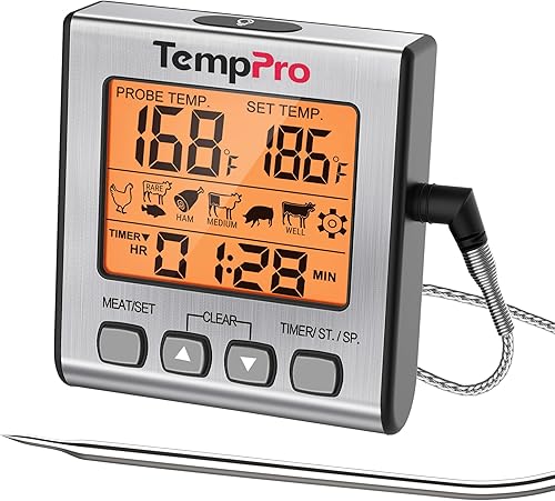 TempPro Termómetro digital de carne para cocinar y asar a la parrilla, termómetro de alimentos para barbacoa con luz de fondo y temporizador de
