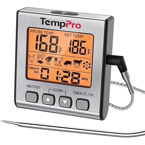 TempPro Digital Meat Thermometer for Cooking and Grilling, BBQ Food Thermometer with Backlight and Kitchen Timer, Grill Temperature Probe Thermometer for Smoker, Oven, Baking,Oil(Previously ThermoPro)