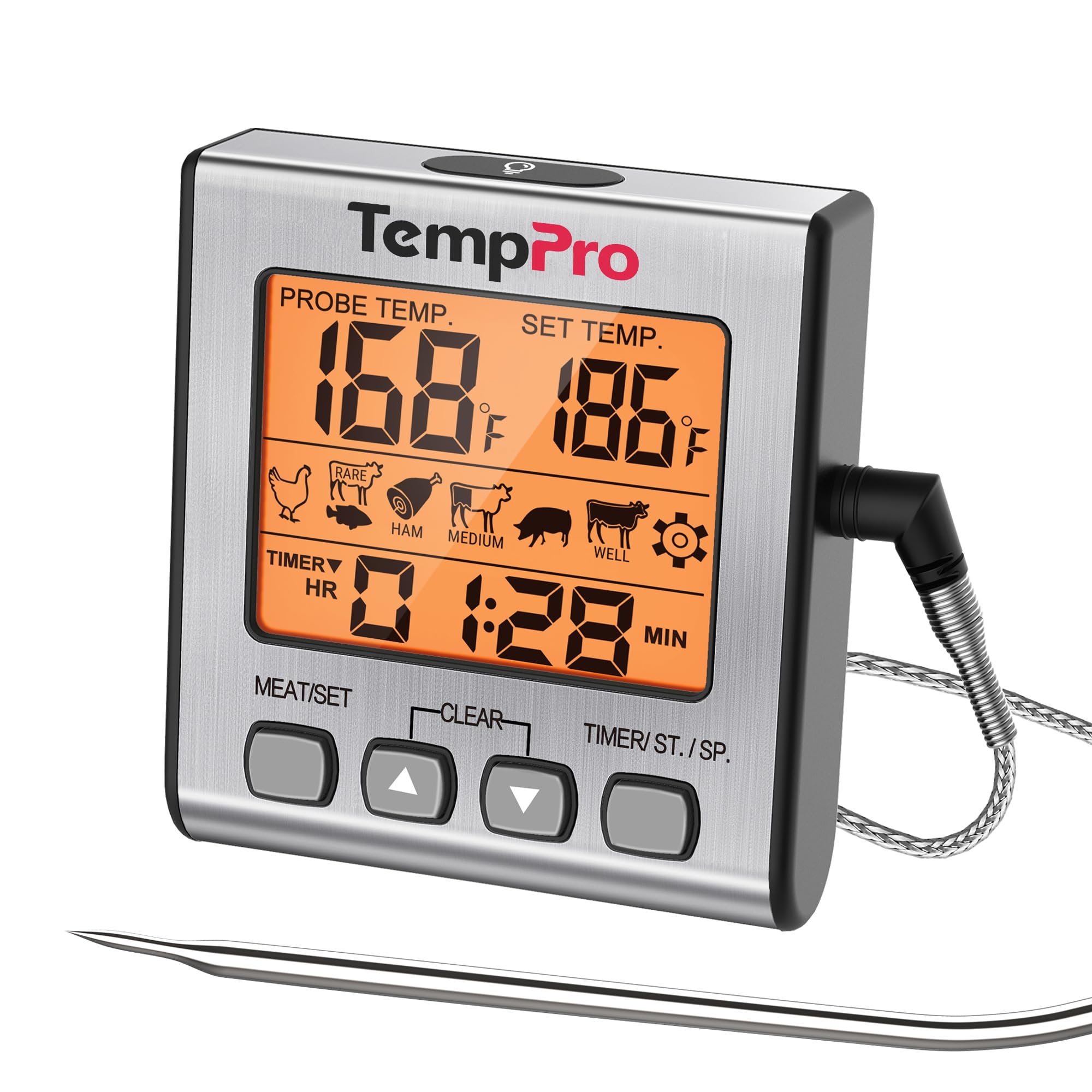 TempPro Digital Meat Thermometer for Cooking and Grilling, BBQ Food Thermometer with Backlight and Kitchen Timer, Grill Temperature Probe Thermometer for Smoker, Oven, Baking,Oil(Previously ThermoPro)