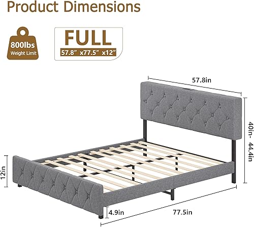 Miniatura 2 de KIETLER Base de cama de tamaño matrimonial con puertos USB, plataforma tapizada con cabecera ajustable, marco fuerte y soporte de listones de