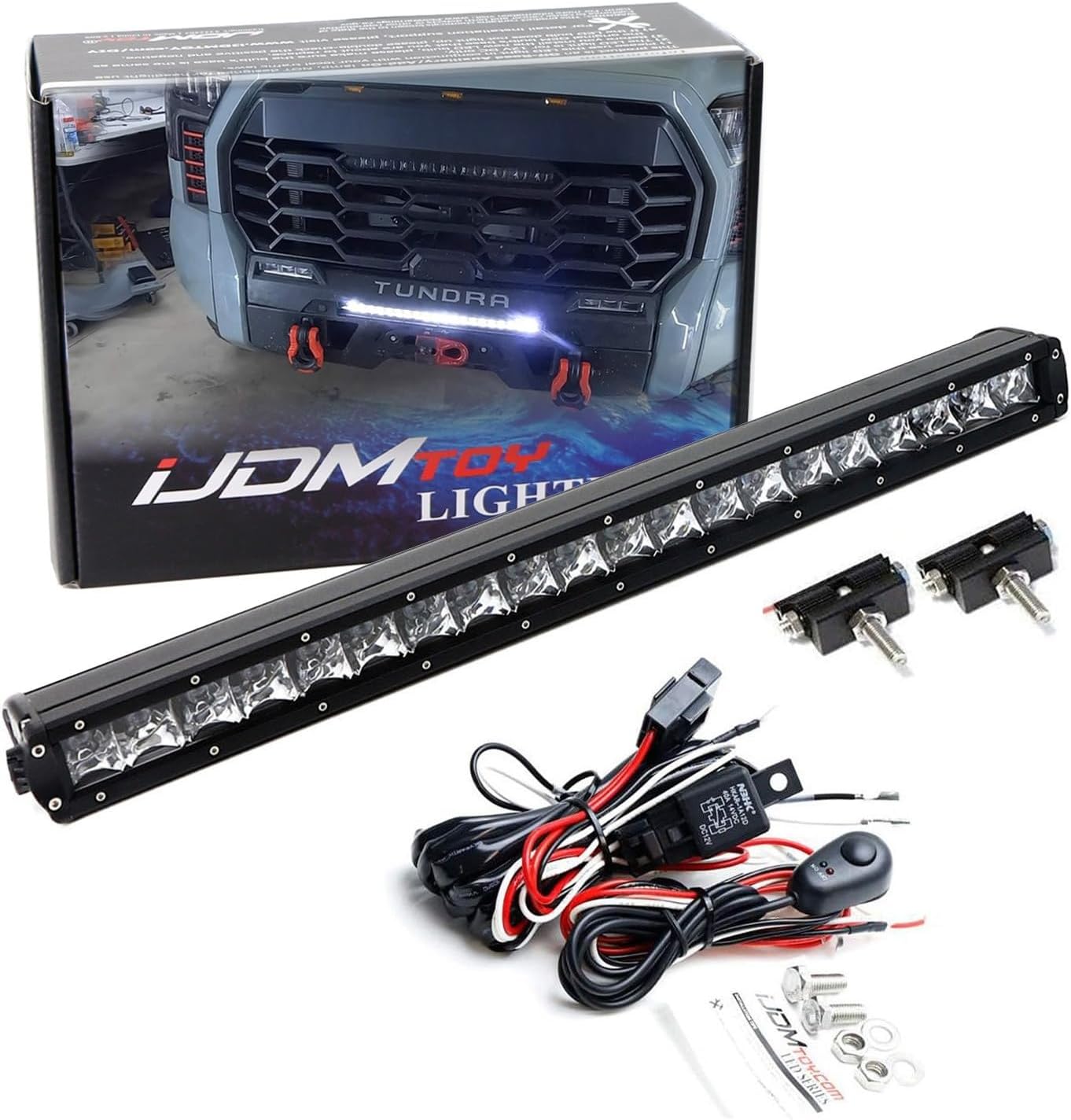 iJDMTOY Lower Grille Mount 20-Inch LED Light Bar Compatible with 2022-up Toyota Tundra, Includes 100W Single Row LED Lightbar, Lower Bumper Opening Mounting Brackets & On/Off Switch Wiring Kit