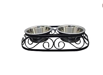 Dog Boss Stainless Steel Rustic Oval Shape Food and Water Bowls with Iron Stand Diner for Dogs and Cats (Medium, Black, 900 ml x 2)