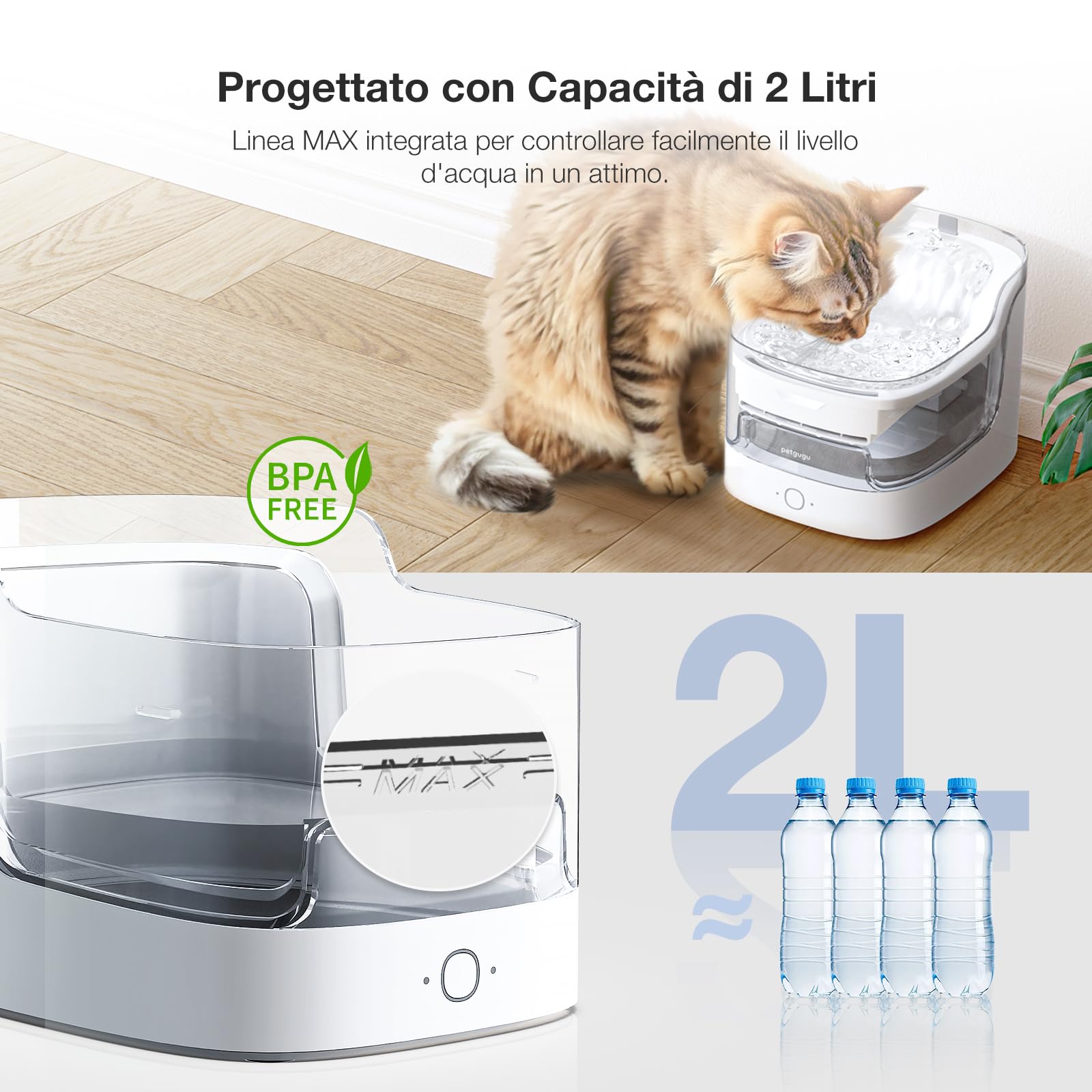 PETGUGU Fontana ad acqua gatto con pompa senza fili, controllata da APP, 20dB ultra silenziosa, 8-filtrazione, 2L fontana ad acqua per gatti, 50 cm rilevatore di movimento, Wi-Fi 2,4 GHz, PF1(marmo)