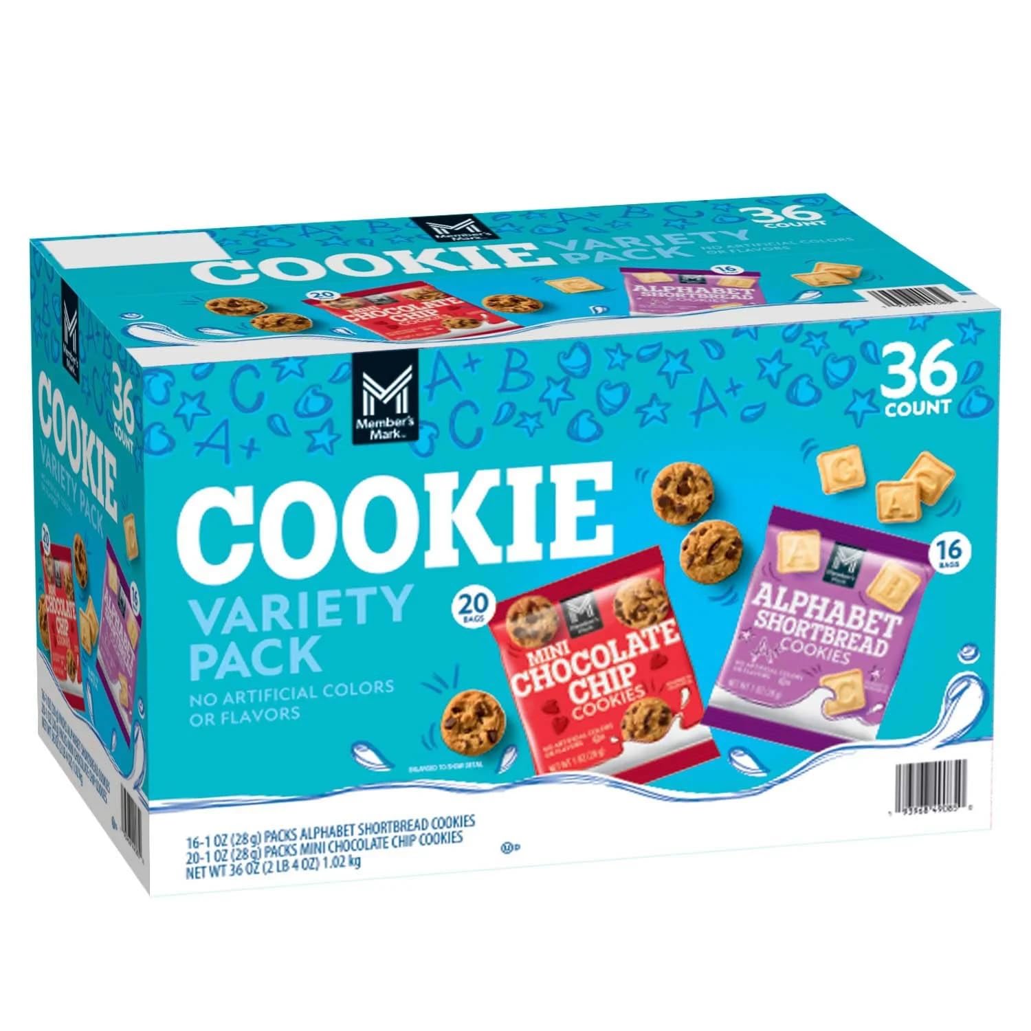 Member's Mark Cookie Variety Pack, 20 - Mini Chocolate Chip Cookie Bags, 16 - Alphabet Shorbread Cookie Bags, 36-1 Ounce Bags in Each Box