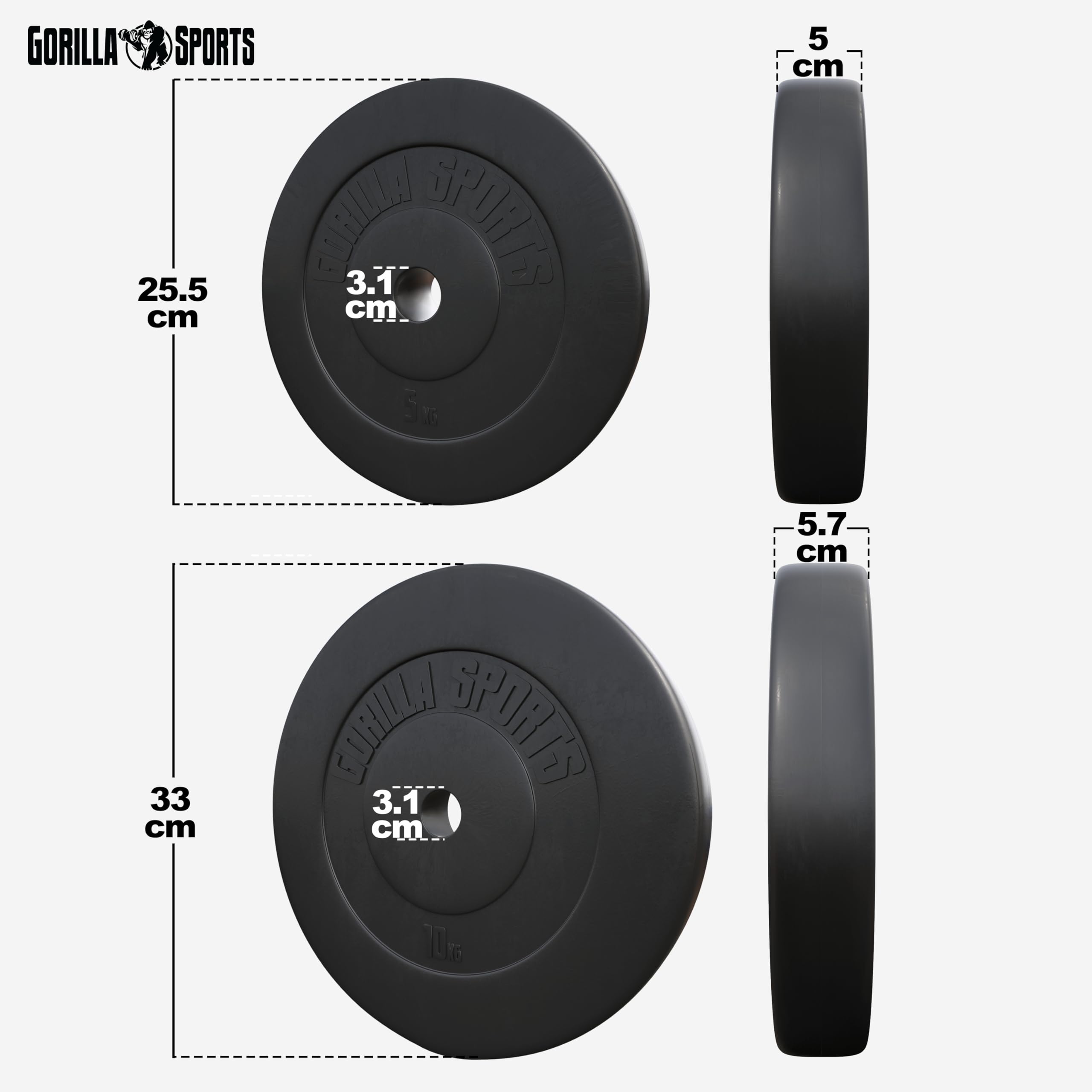 GORILLA SPORTS® Disque Musculation - Simple 1,25-15kg / Jeu 27,5-30 kg, Réglable, Ciment, Plastique, Ø 31 mm, Noir - Set de Poids, Matériel de Musculation, Sport Maison, Fitness, Salle de Sport