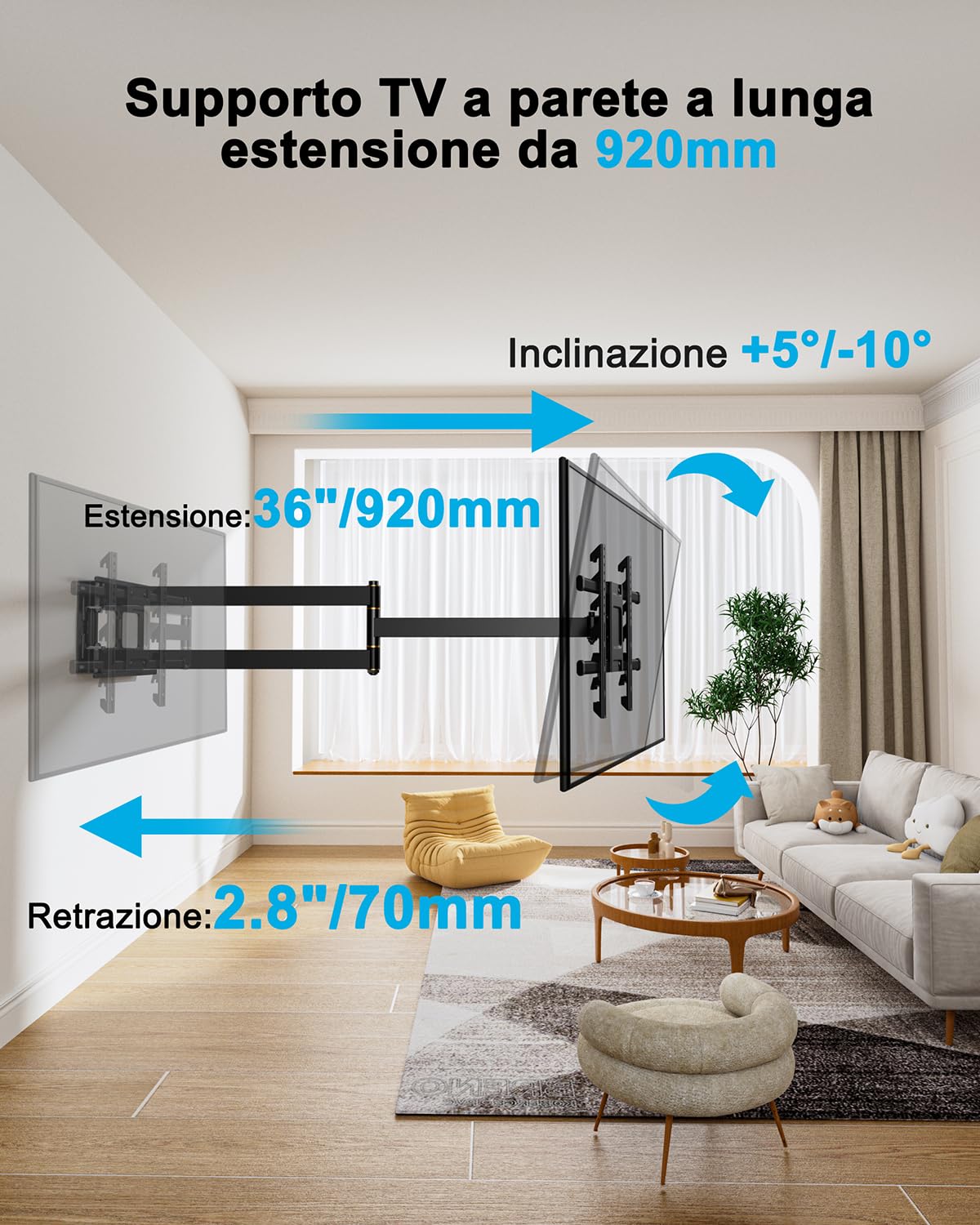 FORGING MOUNT Supporto TV a parete regolabile in altezza con braccio articolato lungo da 920 mm per schermi piatti da 42-90 pollici fino a 68 kg, inclinabile/orientabile/girevole, Max VESA 600x400mm