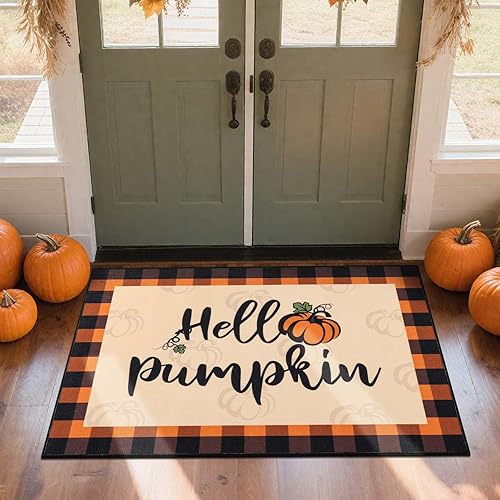 Miniatura 9 de HEBE - Tapete para puerta de otoño, 32 x 48 pulgadas, diseño de calabaza, antideslizante, a cuadros, para interiores y exteriores, otoño, cosecha,