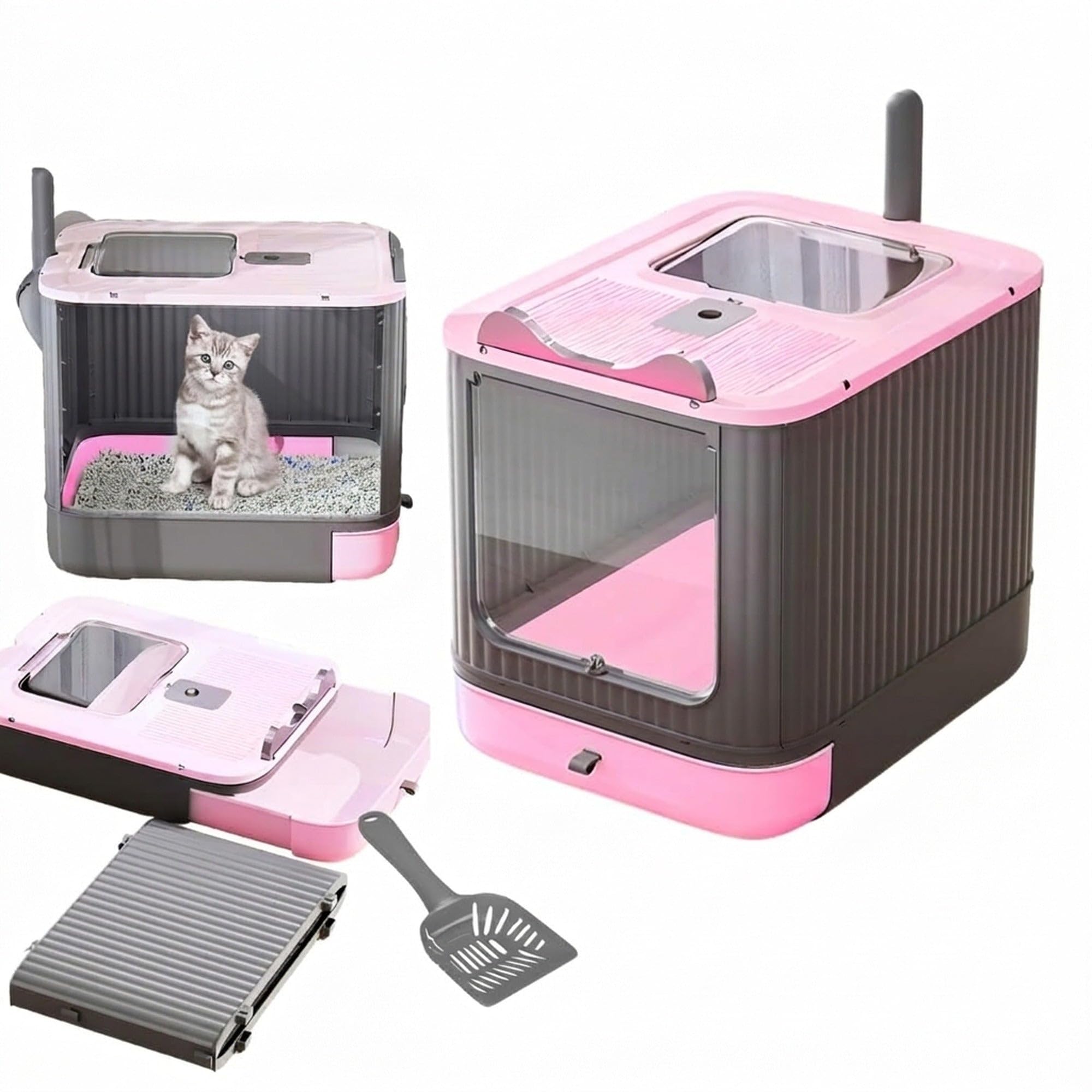 BREEZEE Arenero para Gato Cerrado Plegable Rosa, Inodoro Sanitario Antiolores Tipo Mueble con Doble Salida, Caja de Arena Grande 44.5x34.5x37.5 cm, Incluye Pala y Bandeja Extraíble