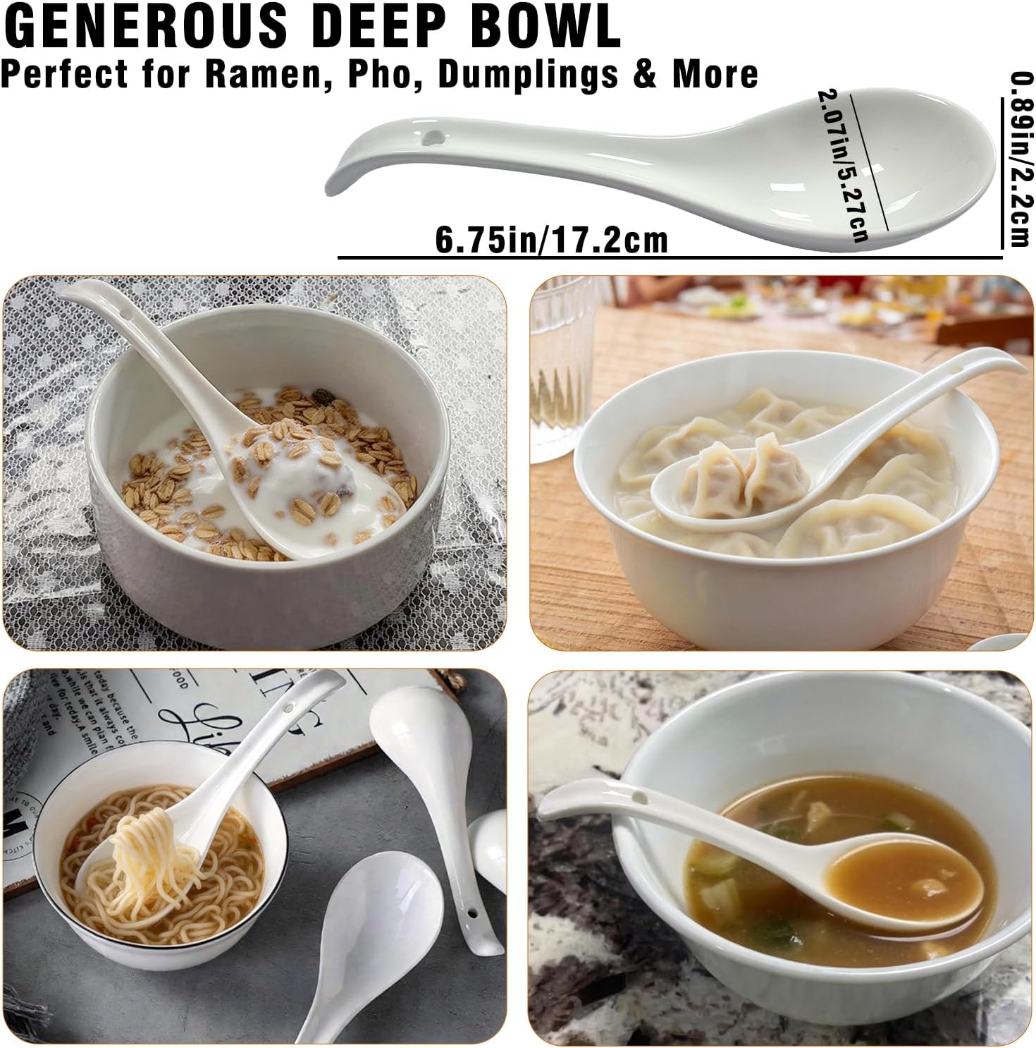 Ceramic Asian Soup Spoons, Set of 6 - Large Deep Oval Japanese Spoons for Ramen, Pho, Wonton, Miso & Noodles, White Chinese Soup Spoons