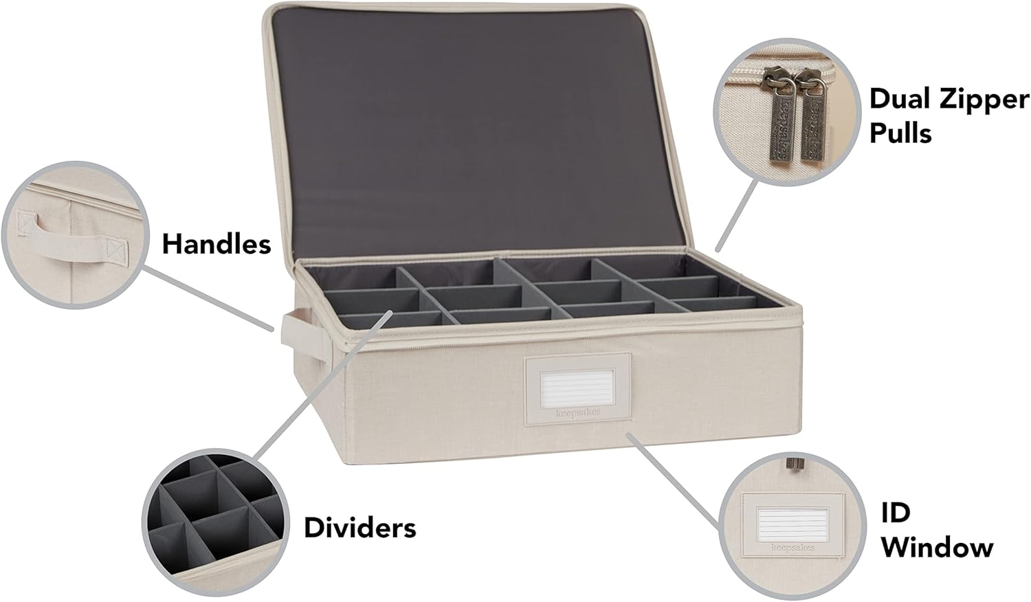 Covermates Cup and Mug Storage Box with Dividers, Stackable Organizer for Coffee Mugs & China Cups, Heavy-Duty Polyester with Handles, Zipper Closure & ID Window, Beige Heather
