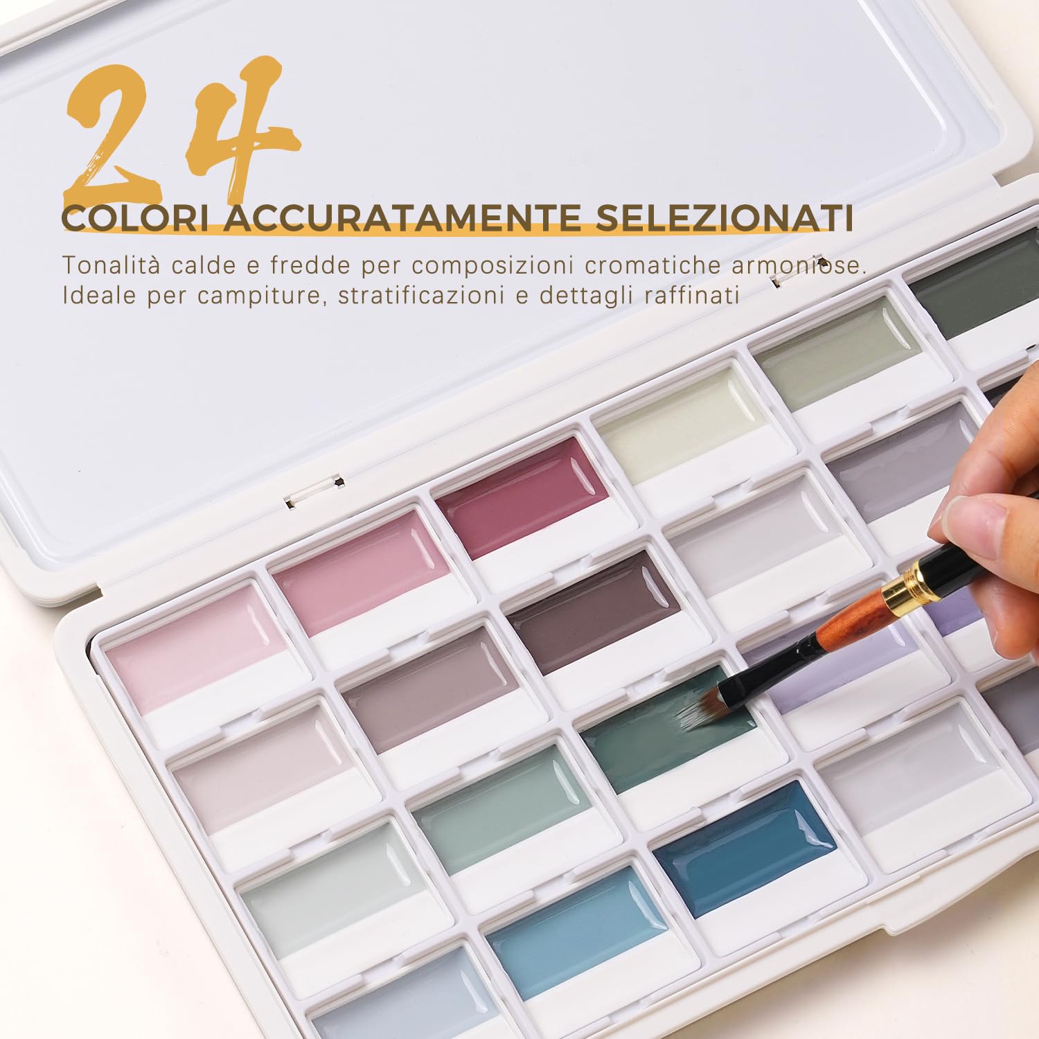 Set di Acquerelli Opaque - 24 Colori a Bassa Saturazione, Pigmenti Semi-Umidi con Tavolozza | Elevato Potere Coprente e Colori Opachi | Acquerello Professionale, idea per Artisti e Hobbisti