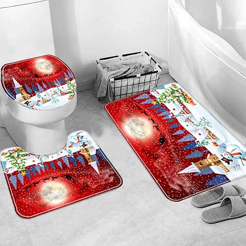 Miniatura 45 de Juego de 4 cortinas de ducha con alfombra antideslizante, cubierta para tapa de inodoro y tapete de baño, cortina de ducha de Papá Noel con 12 Papá