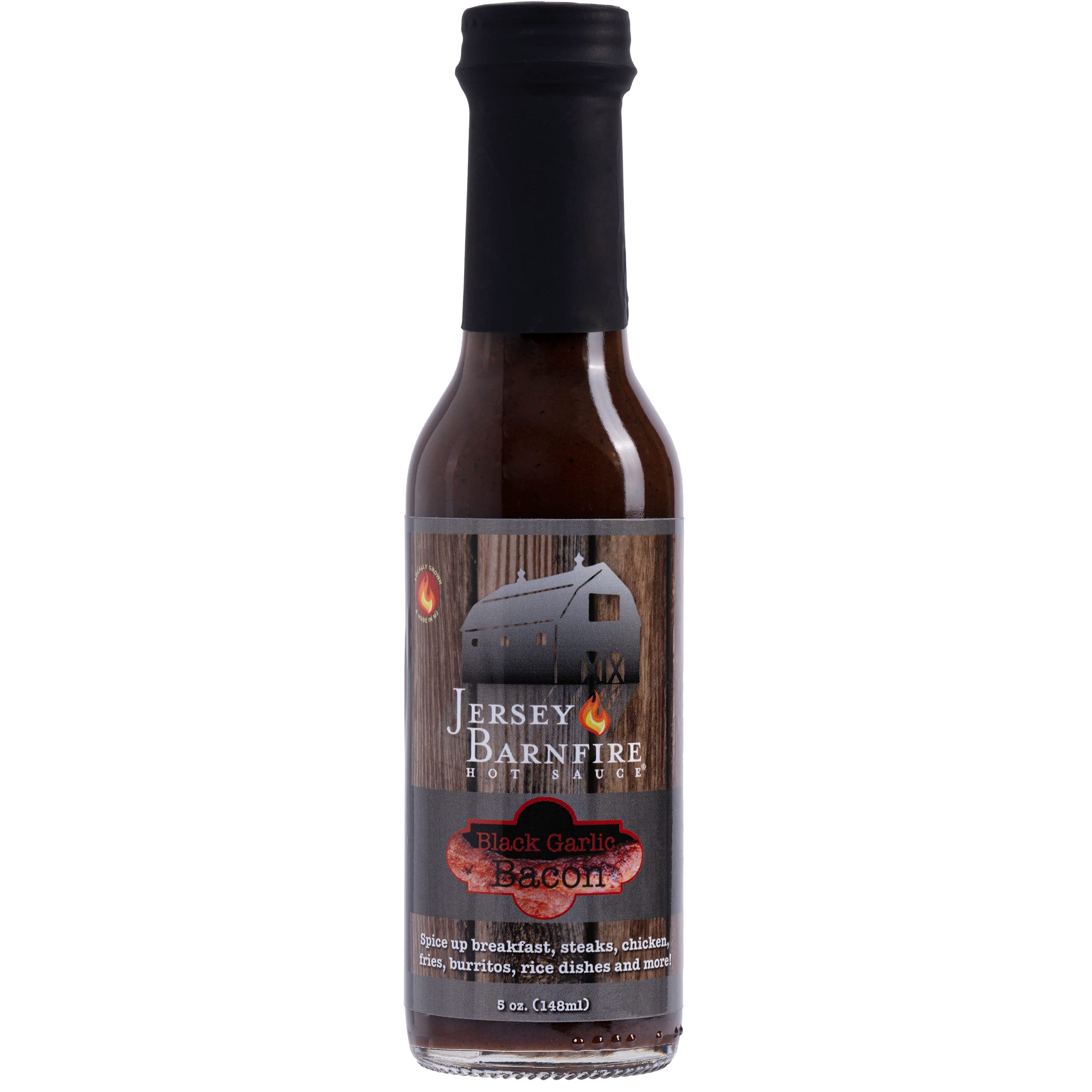 Jersey BarnfireBlack Garlic Bacon Hot Sauce (Vegan), Rich Deep Flavor and Heat Mild/Medium, 5oz