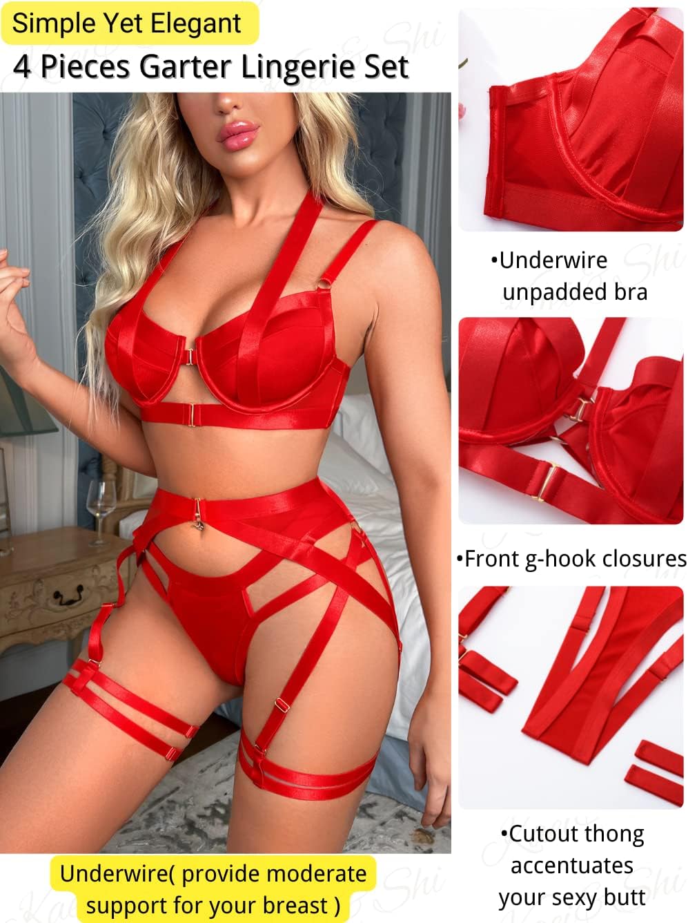 Kaei&Shi Strappy Harness, All Adjustable, Underwire Racerback, 4pc Garter Set - Image 2