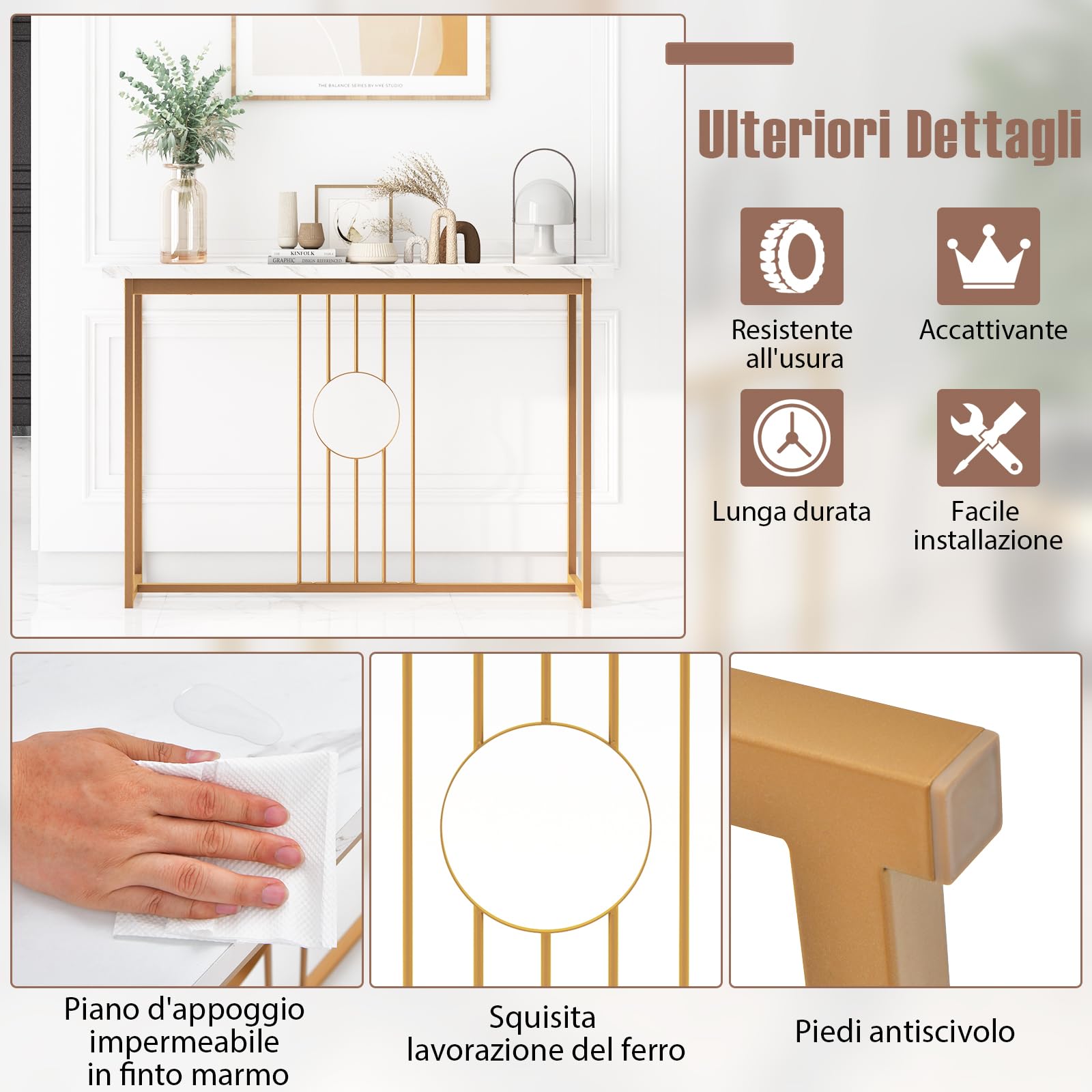 COSTWAY Tavolo Consolle 120CM, Tavolo Moderno con Piano Effetto Marmo, Struttura in Metallo Robusto e Piedini Regolabili, Tavolino da Divano per Soggiorno, Corridoio e Ingresso