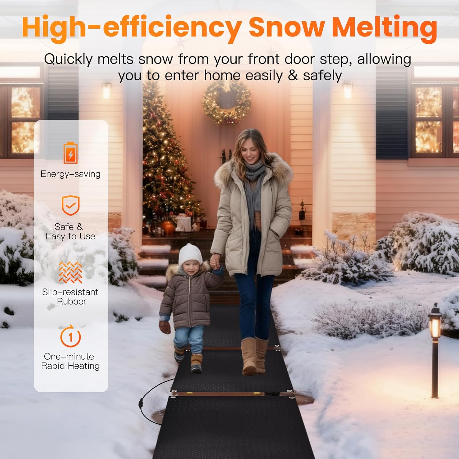 Snow Melting Mats, Anti-Slip Outdoor Snow Heating Mat for Stairs, 20ft Power Cord, IP68 Waterproof, 4 in/h Speed Heated Snow and Ice Melting Pads for Sidewalk, Steps, Walkways