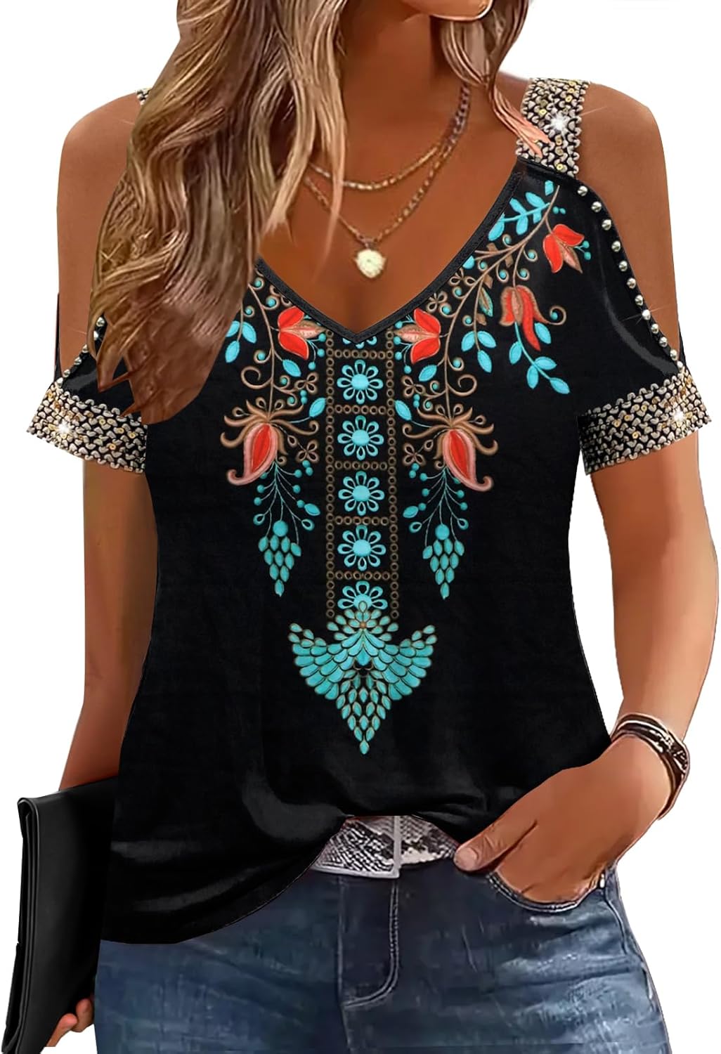 Womens Cold Shoulder Tops with Sequins V Neck Short Sleeve T Shirts Casual Loose Fit Basic Tee