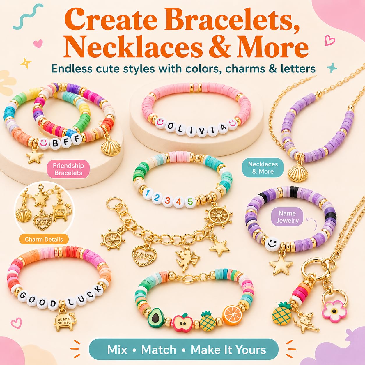 The Beading Co. Kit de fabricación de pulseras de más de 7500 cuentas de arcilla para niñas, cuentas heishi de 24 colores con cuentas de letras y dijes para pulseras de amistad y kit de fabricación de