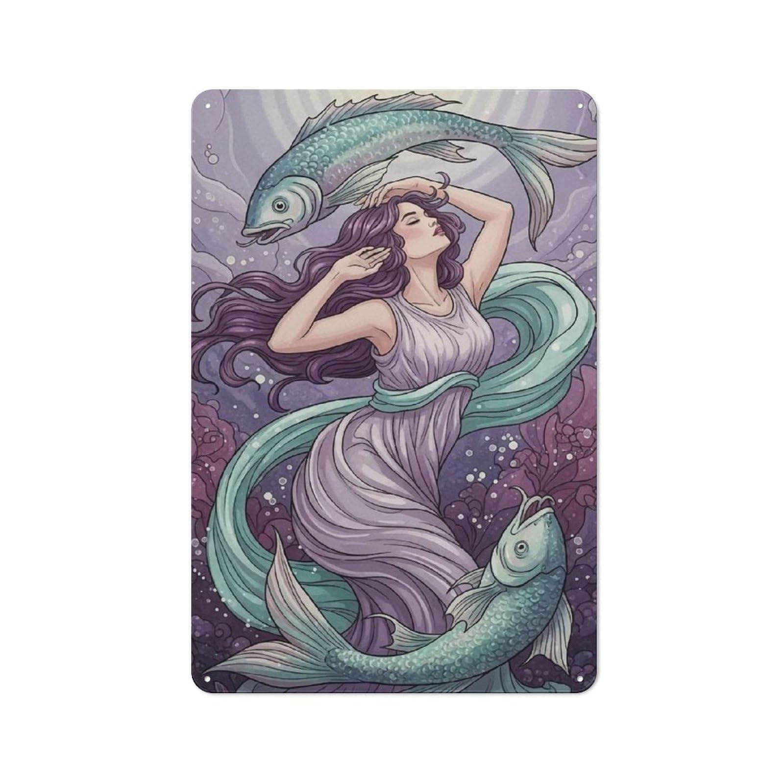 Pisces Woman Zodiac Illustration Metal Wall Sign 30x20cm, Rustic Decor for Garage Wall, for People Furnishing A Garage