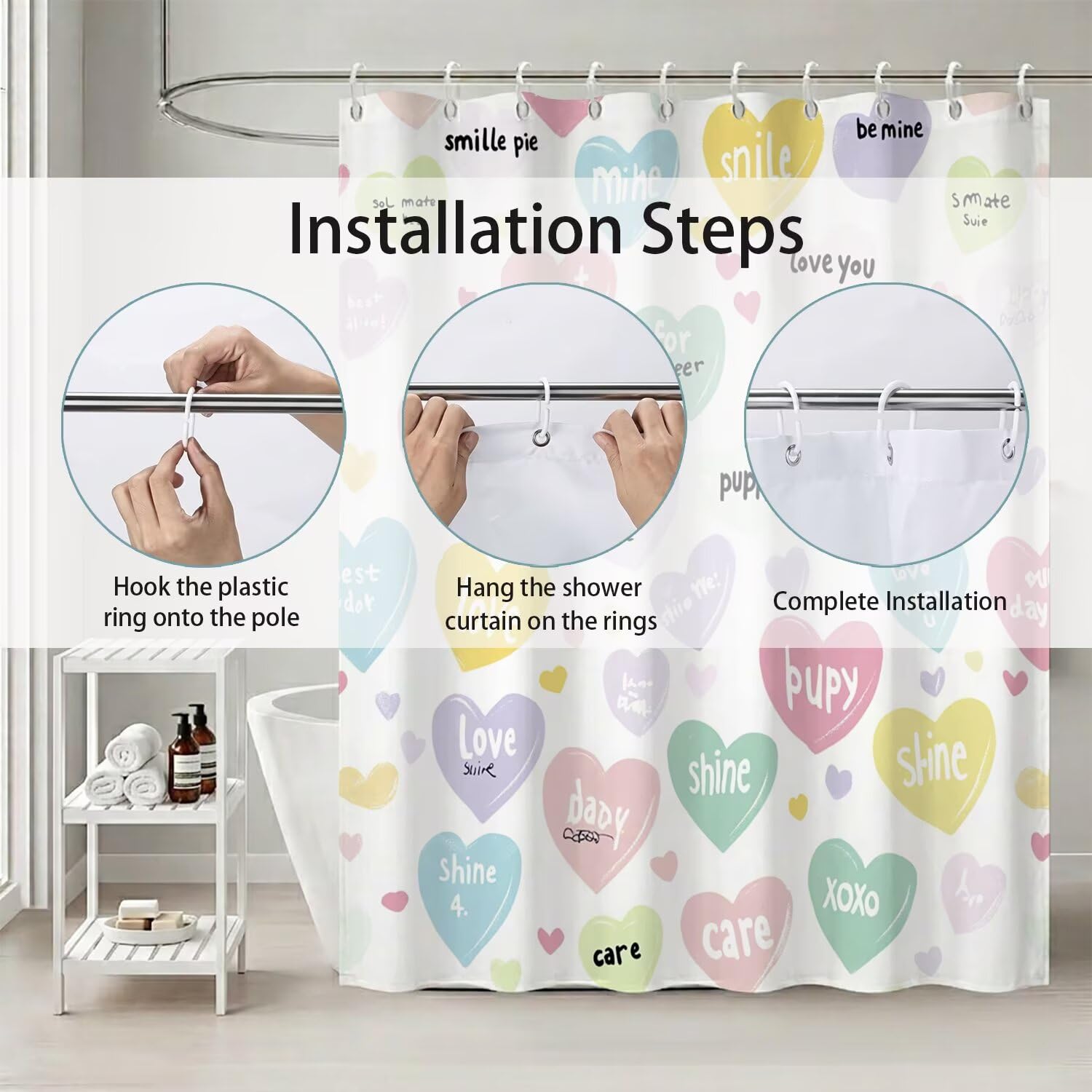 Rideau de Douche 180x200 cm Amour Rideau Douche Tissus Lavable Couleur Rideaux de Baignoire Imperméable Polyester Shower Curtain avec 12 Crochets, Décoratif Accessoires de Salle de Bain W-P71