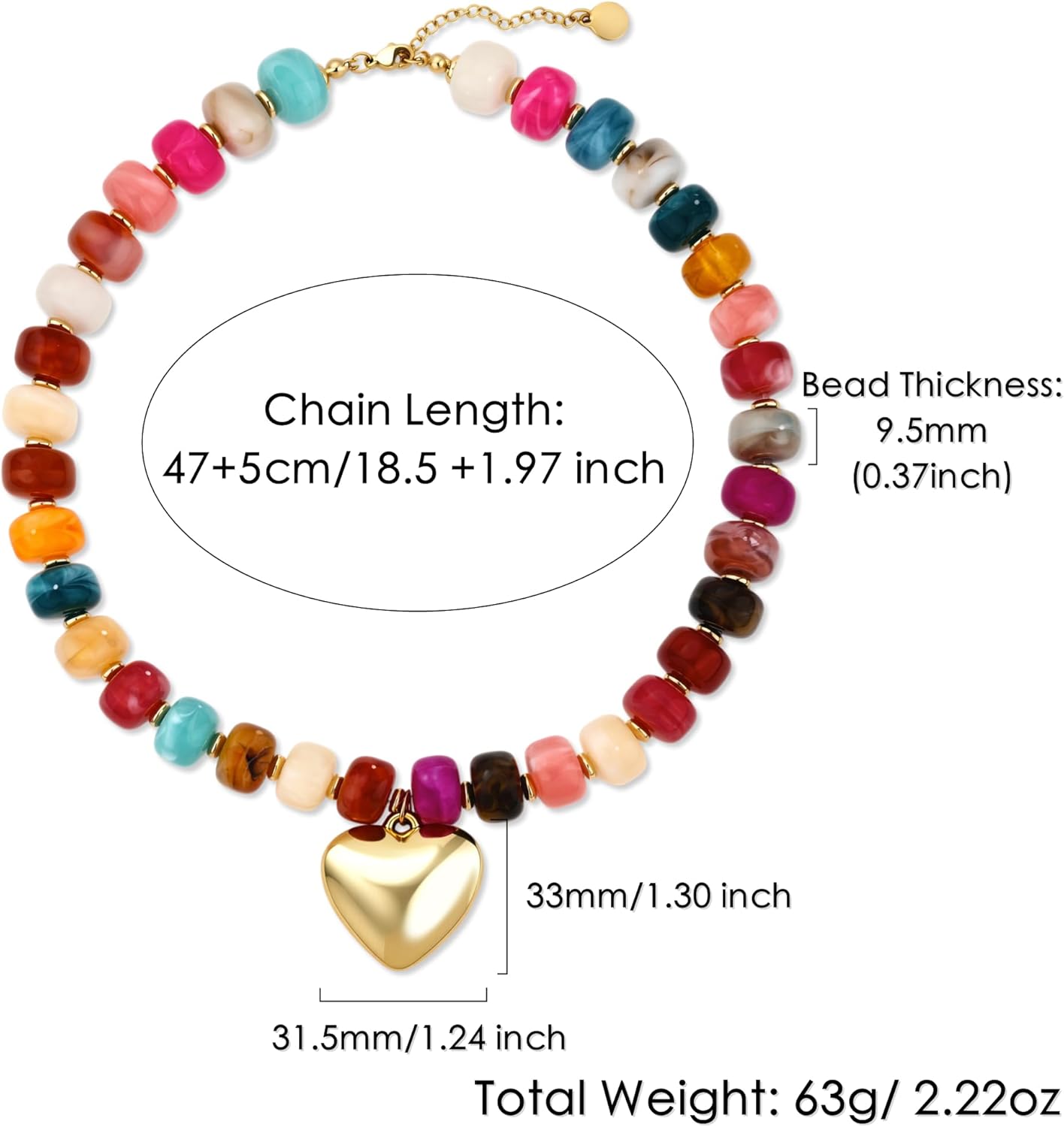 Chunky Gold Heart Necklace for Women, Trendy Mom 1111 Heart Charm Toggle Statement Paperclip Chain Beaded Choker Necklaces Mothers Birthday Day Y2K Jewelry Gift