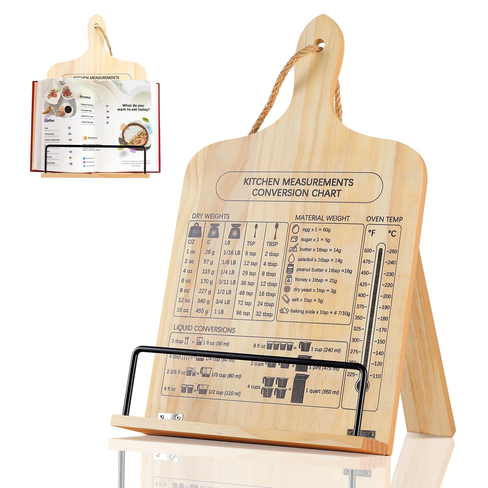 comfoyar Cookbook Stand for Kitchen, Wooden Recipe Book Holder with Measurement Conversion Chart, Foldable Cook Book Stand for Display Reading, Hangable, Gifts for Women Mom Wife Friends