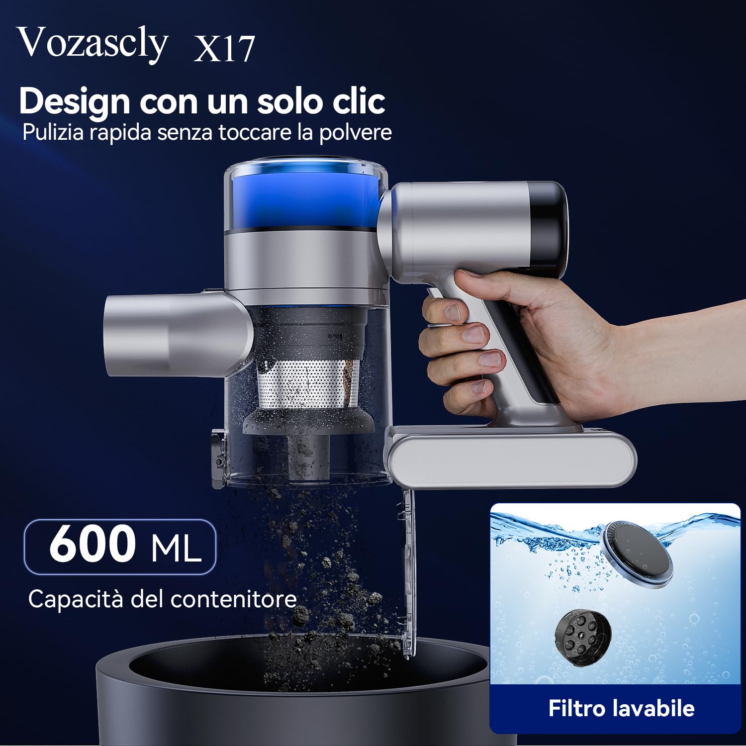 X17 Aspirapolvere Senza Fili, 4-in-1 Scopa Elettrica Senza Fili Tre Potenze di Aspirazione Regolabili, Antigroviglio Aspirapolvere Verticale Potente 45Kpa con Display a LED per Tappeti Pavimenti