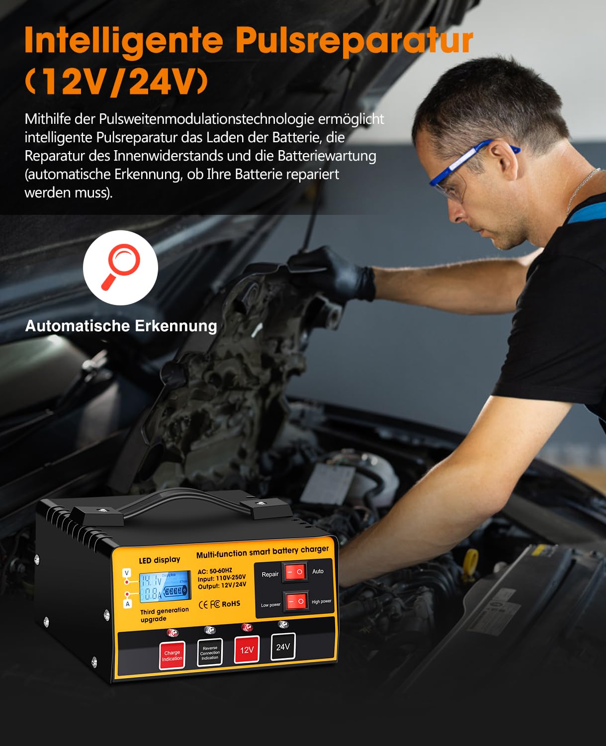 Chargeur de Batterie de Voiture 12V / 24V Chargeur de Batterie Intelligent Entièrement Automatique avec Fonction Réparation pour Les Batteries Plomb-Acide et LifePO4