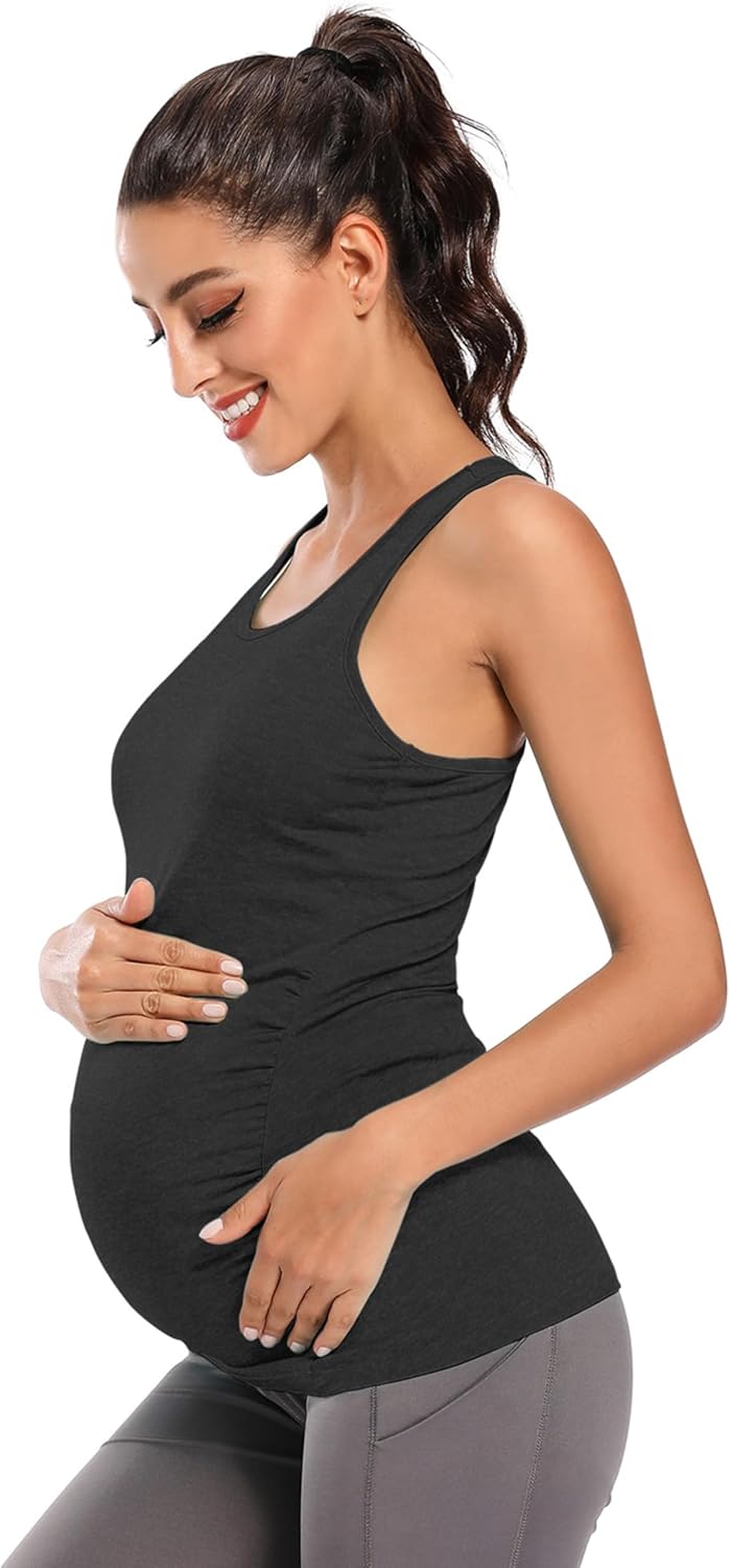 Ecavus Women's Maternity Tank Tops Seamless Racerback Sleeveless Workout Athletic Yoga Tops Pregnancy Shirt - Image 3