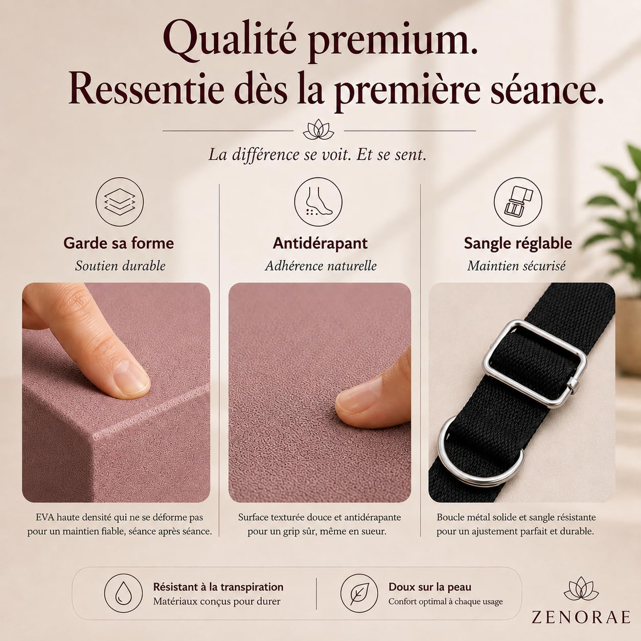 Kit Yoga ZENORAE – 2 Blocs EVA Haute Densité + Sangle Coton 2,5m – Briques Antidérapantes pour Yoga, Pilates, Stretching, Étirements & Fitness