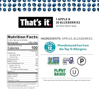That's it 12 Variety Pack Fruit Bars (6 Strawberry, 6 Blueberry) No Sugar, 100% Natural Real Fruit Bar, High Fiber Vegan, Gluten Free, Paleo, Non-GMO