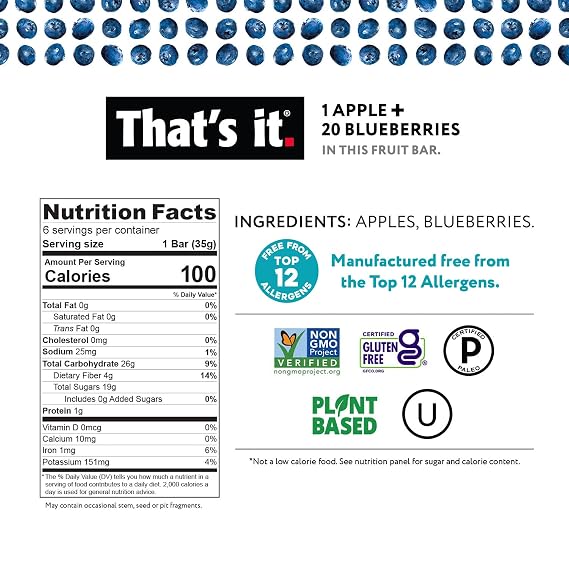 That's it 12 Variety Pack Fruit Bars (6 Strawberry, 6 Blueberry) No Sugar, 100% Natural Real Fruit Bar, High Fiber Vegan, Gluten Free, Paleo, Non-GMO