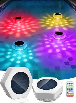 Floating Pool Lights, Solar Powered Pool Lights with 33FT Remote and Timer, 7 Colors, 4 Lighting Modes, IP68 Waterproof Pool Decorations Outdoor for Pool Party, Fountain, Garden2 Pack