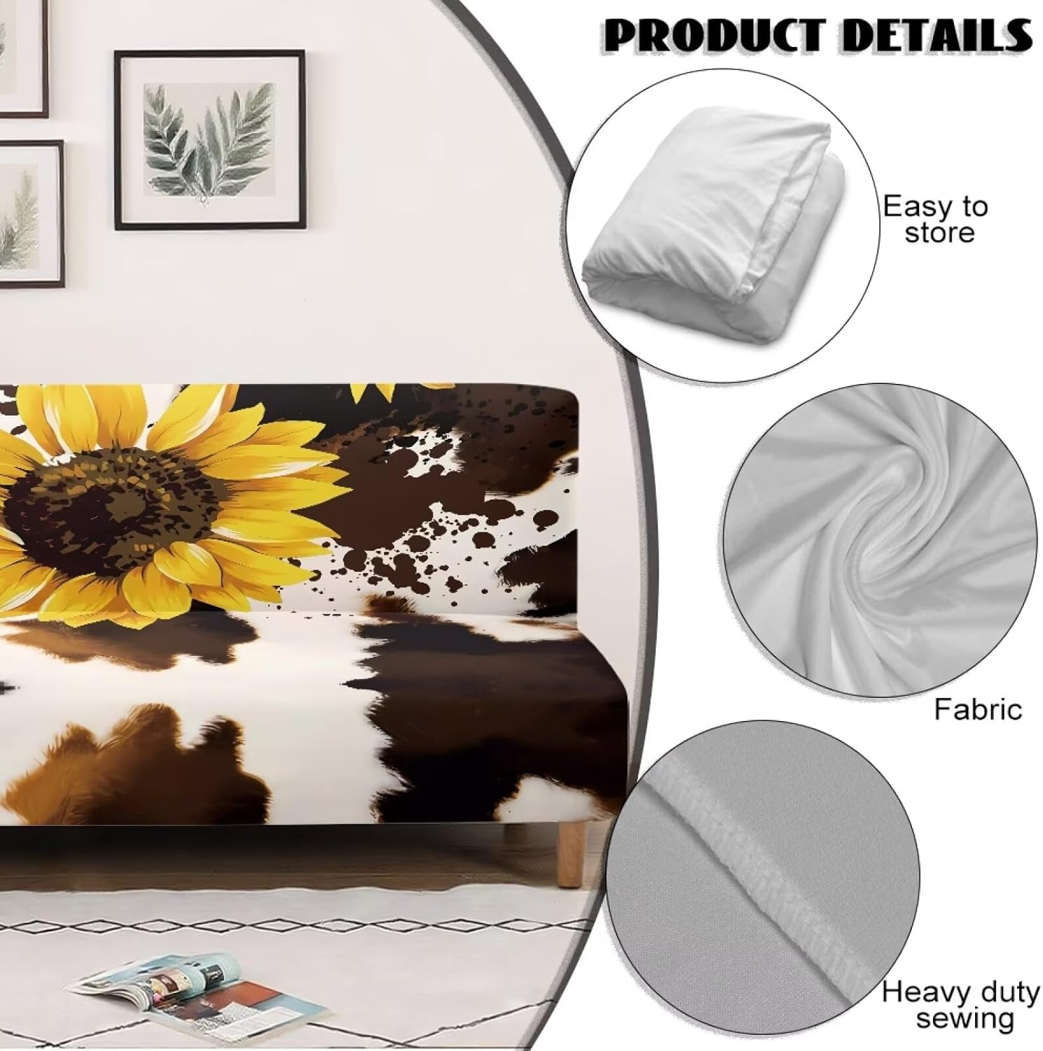 Sunflower Brown Cow Print Armless Sofa Couch Bed Slipcovers with Elastic Bands for Home Living Room Easy to Install Non Slip Futon Dust Cover Machine Washable