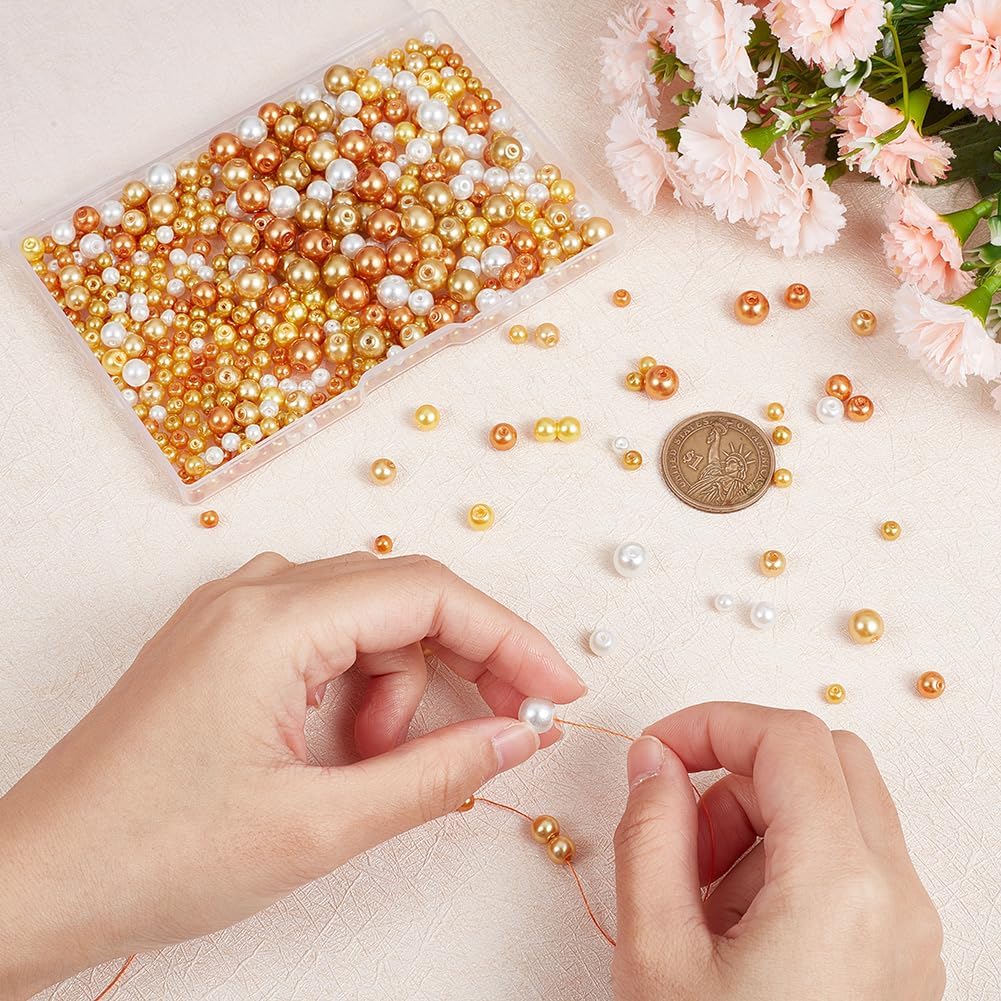 Beebeecraft 1 Box 700Pcs 4/6/8mm Glass Pearl Beads Caramel Orange Yellow Round Loose Spacer Beading Supplies for DIY Autumn Jewelry Making Necklaces Bracelets Earrings