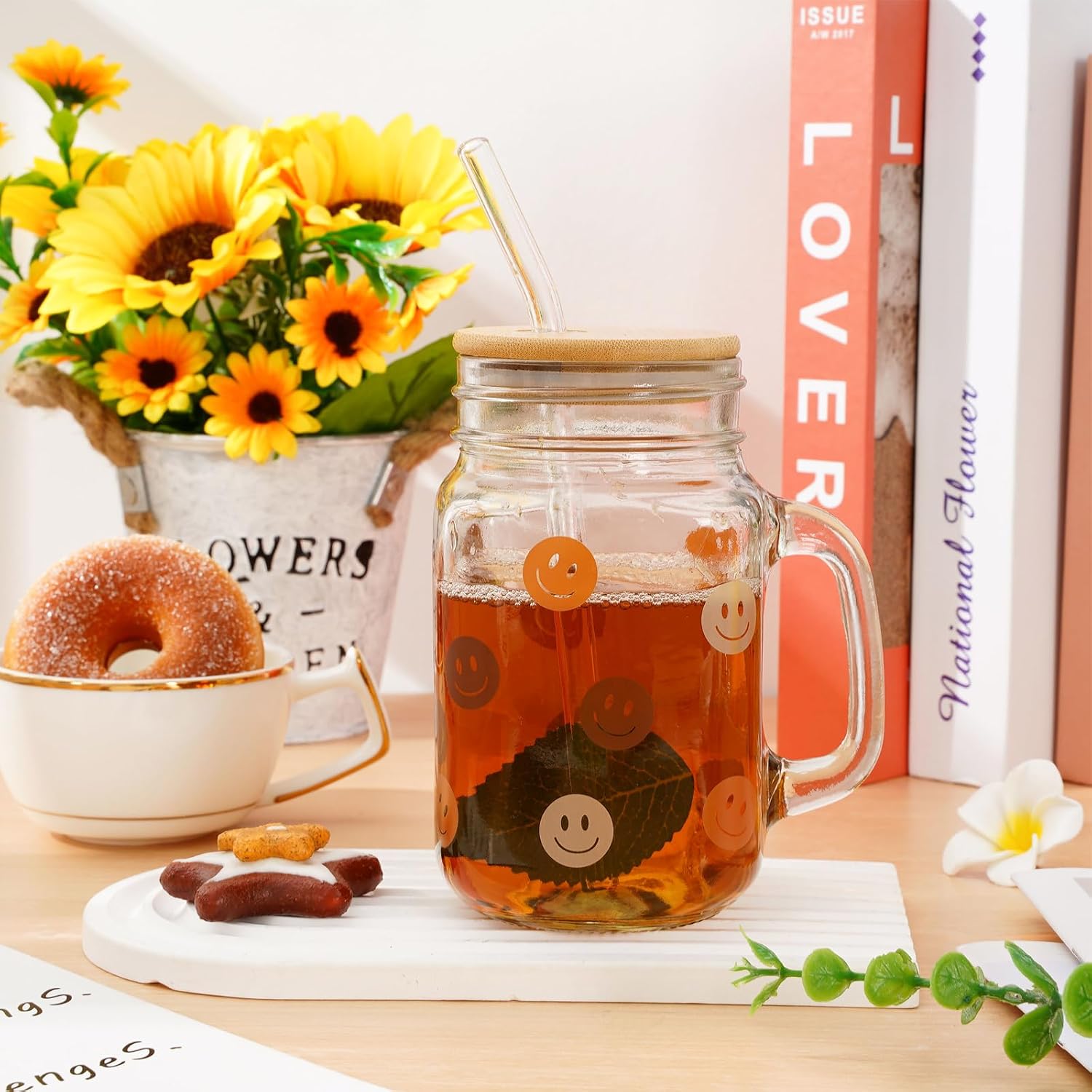 Whaline 4 Pack Boho Mason Jar Mug with Handle 18oz Mason Jar Drinking Glasses Boho Ice Coffee Cups Glass Tumbler Glass Mugs Tumbler with Lid and Straw for Iced Coffee Tea Soda Cocktail Gifts