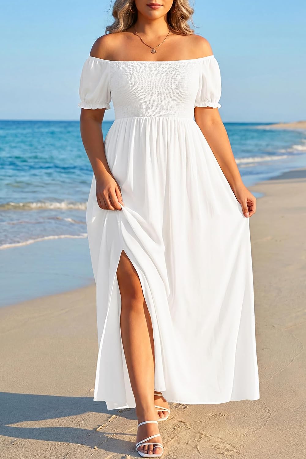 Plus Size Summer Dresses - Boho Casual Off Shoulder Floral Long Maxi Dress with Pockets