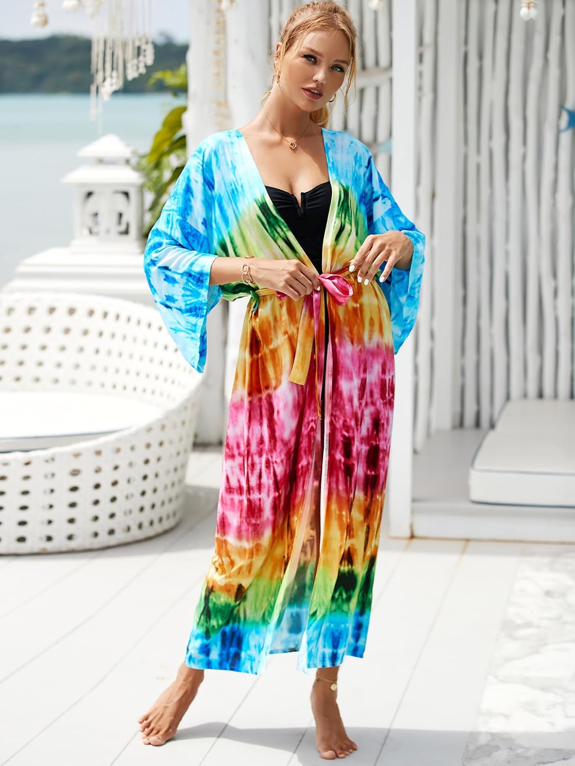 Women Casual Open Front Lightweight Cardigan Long Beach Kimono Cover Up - Image 7