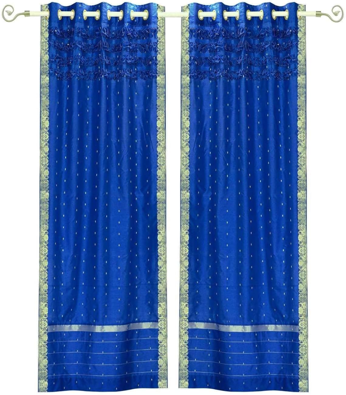 Indian Selections Blue Hand Crafted Grommet Top Sheer Sari Curtain Drape Panel -43Wx120L-Piece
