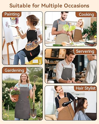 Miniatura 7 de Teskyer Delantal de cocina con bolsillos, resistente al agua y aceite, delantales de lona con espalda cruzada para hombres y mujeres chef servidor