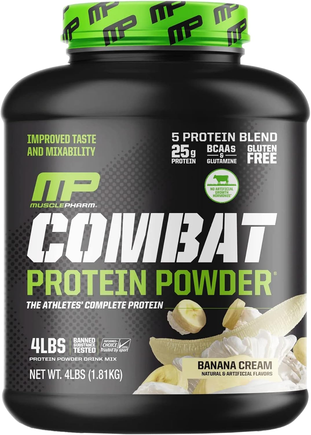 MusclePharm Combat Protein Powder, Banana Cream - 4 lb - Gluten Free - 52 Servings