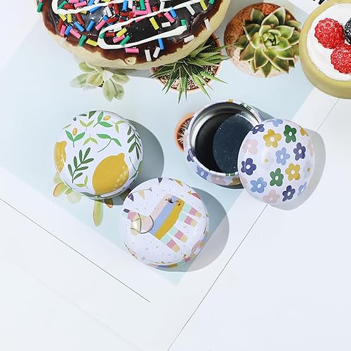 Miniatura 6 de Rarapop Paquete de 12 mini tarros redondos reutilizables de hojalata con tapas, latas pequeñas de viaje de dibujos animados de 0.7 fl oz, botella