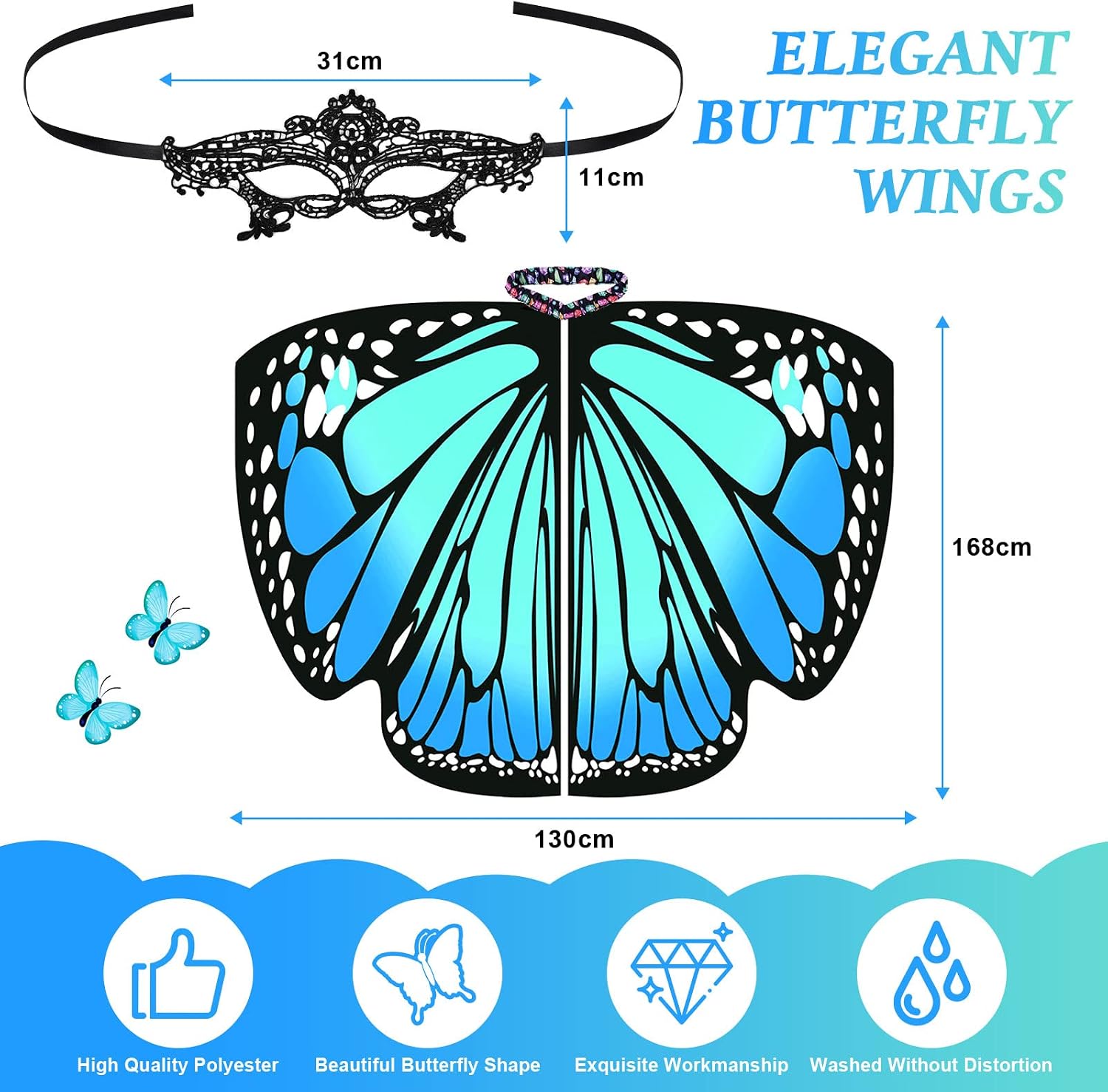 Aomig Womens Butterfly Wings Costume, Rainbow Butterfly Shawl Wings with Mask - Image 3